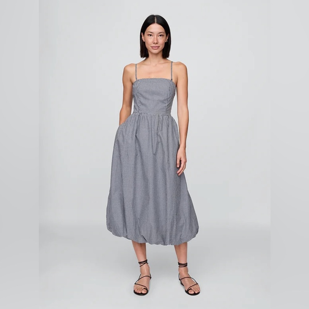 NWT! GAP Poplin Navy Blue Gingham Bubble Midi Dress - Size XS 🎻